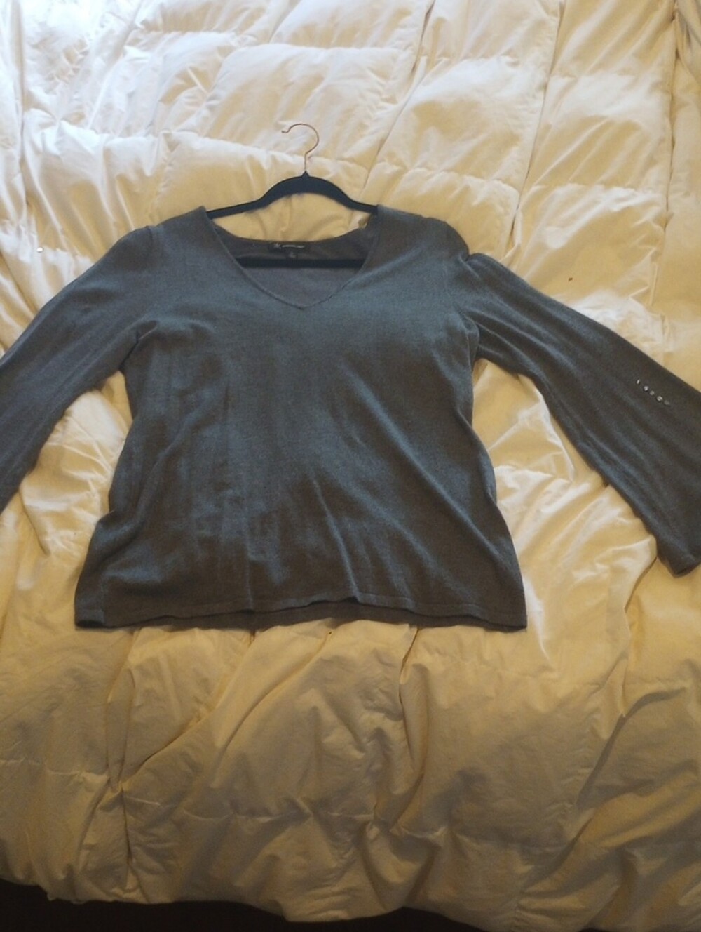 Gray V-Neck  XL Embellished Rhinestone Bell   Sleeve Lightweight Sweater
